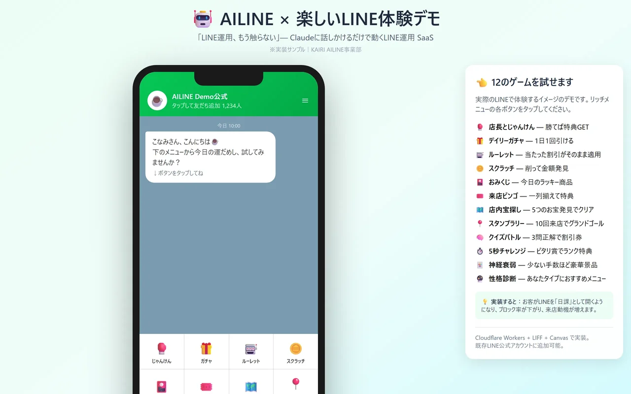 LINE体験ゲーム12種デモのトップ画面（実際の公開ページ）